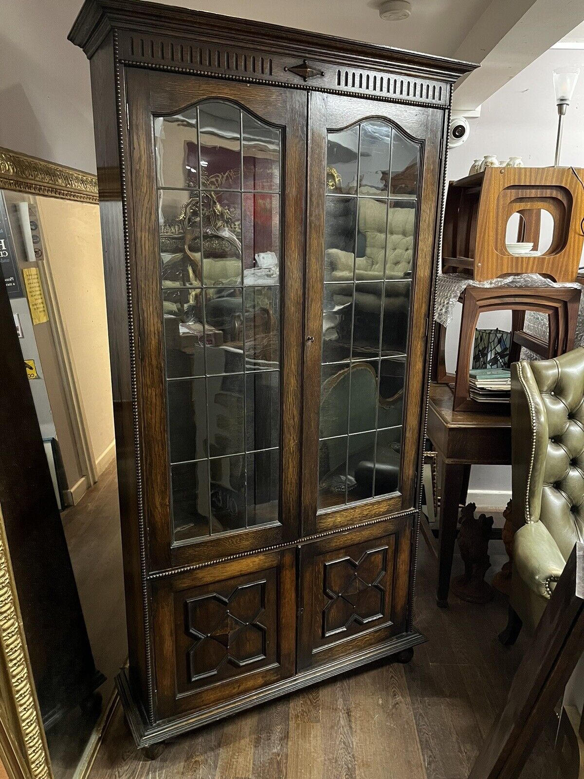 Edwardian Oak Bookcase , Adjustable Shelves, Lead light Glazing. Key & Locking.