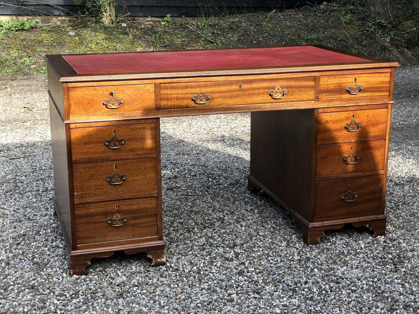 Pedestal Desk With Red Leather Top. Brass Handles.