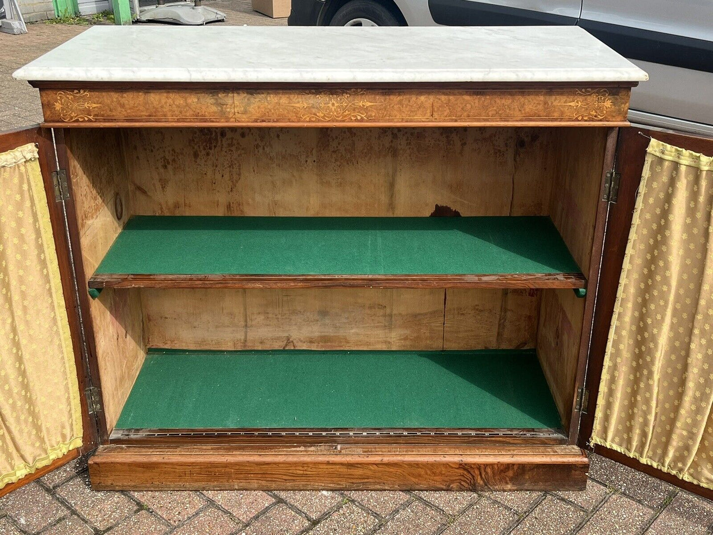 Victorian Walnut Pier Bookcase, Display Cabinet, Credenza With White Marble Top