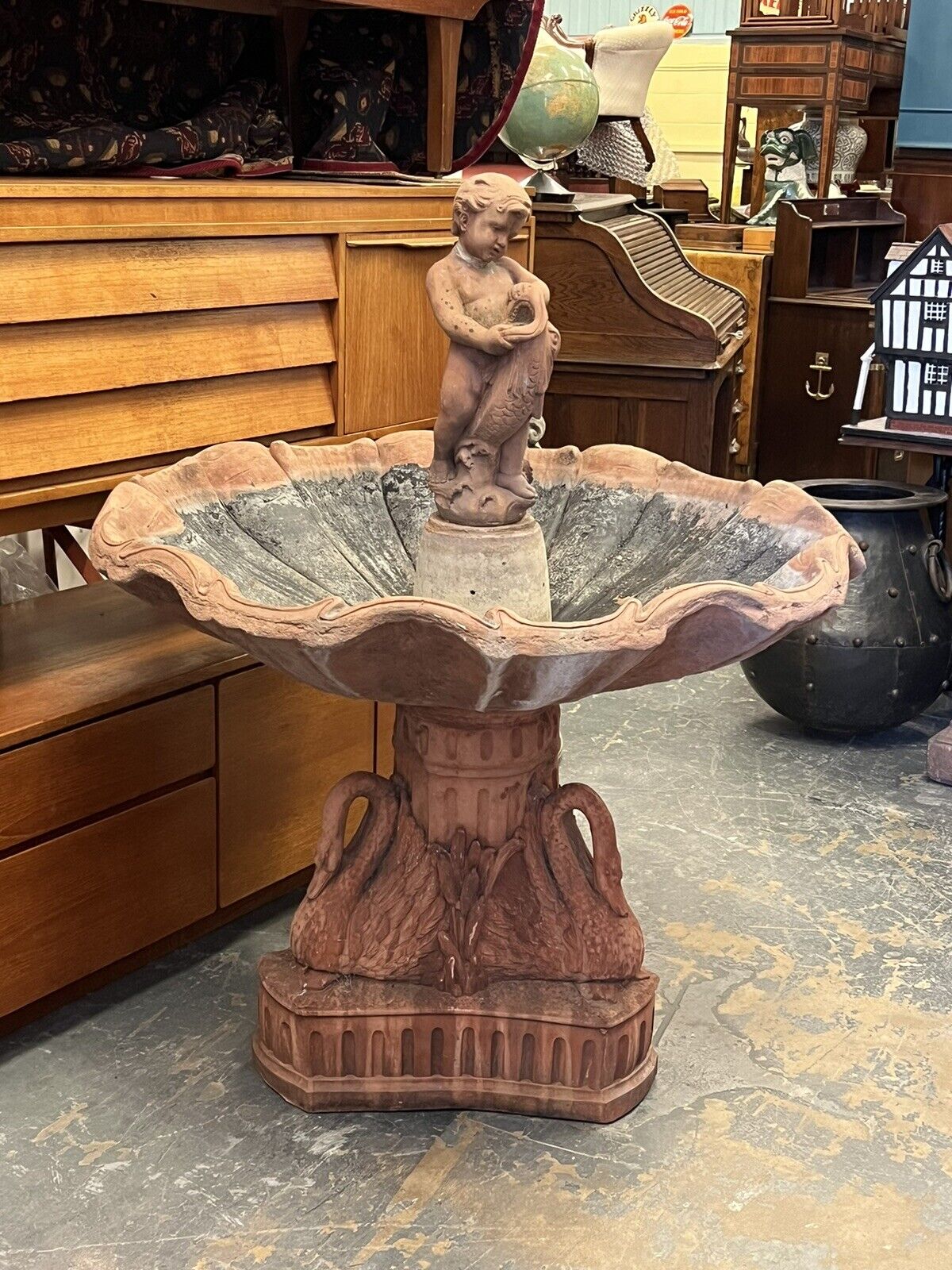 LARGE Terracotta Garden Fountain, On A Swan Base, Oyster Shell With A Boy & Carp