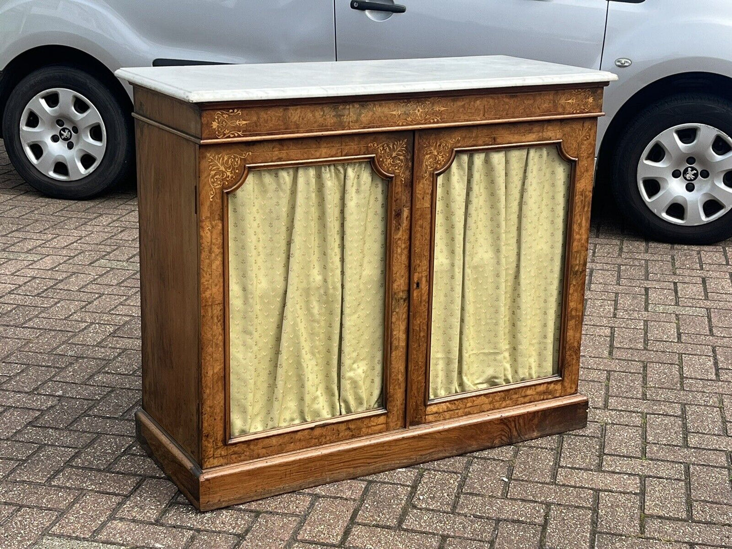 Victorian Walnut Pier Bookcase, Display Cabinet, Credenza With White Marble Top