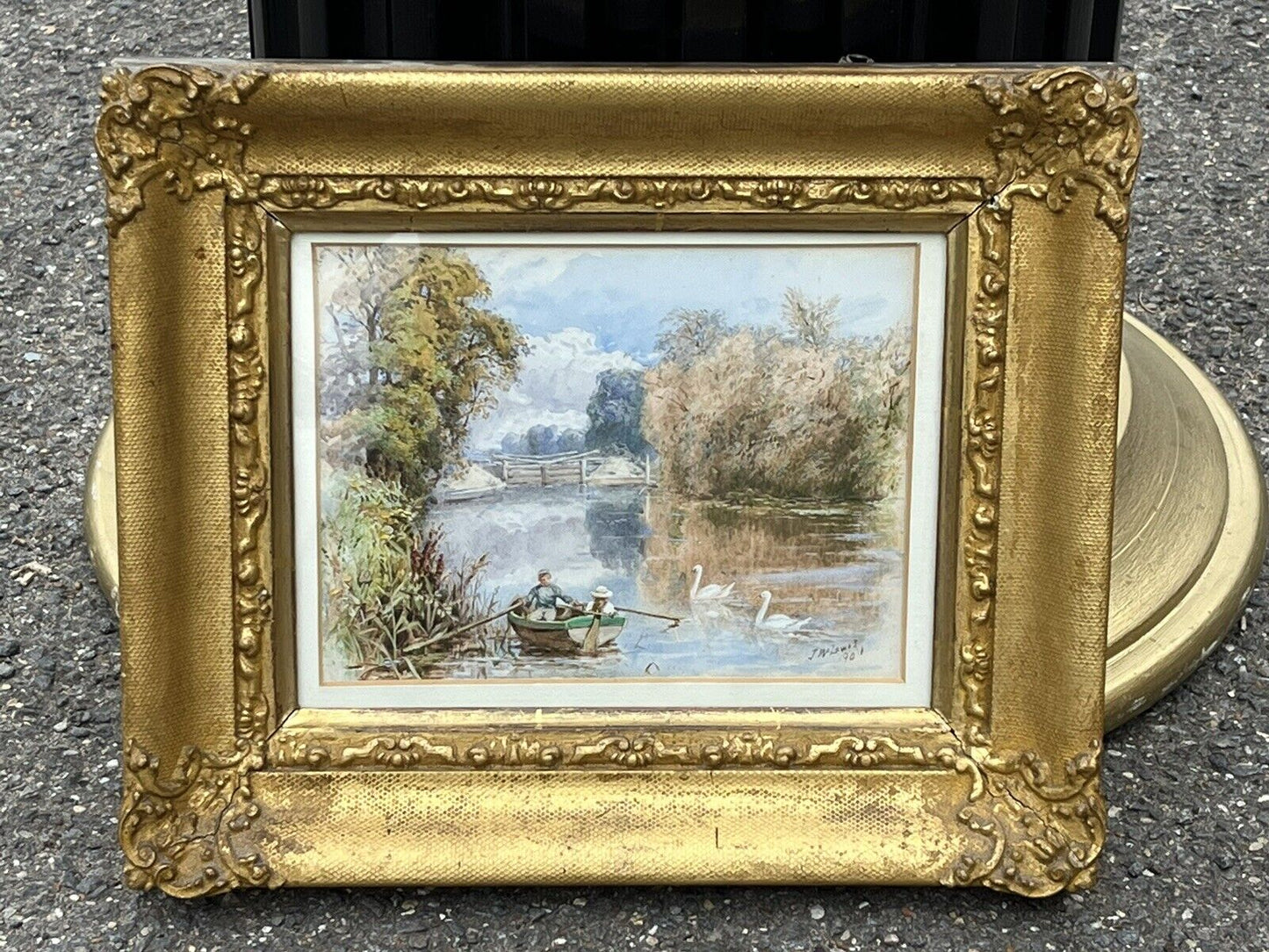 Victorian English School Gilt Framed Watercolour By J W Lewis 1901 “Boating”