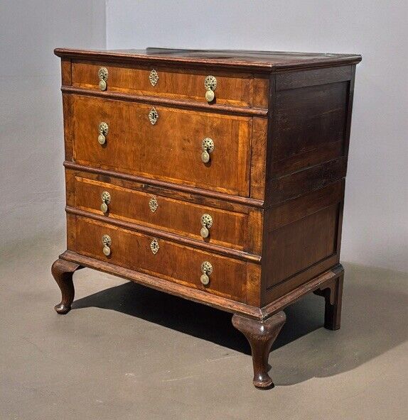 George II Provincial Walnut Chest Of Drawers. Brass Handles. Splits In 2 Pieces.