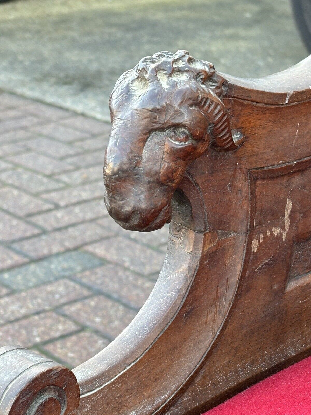 Antique Walnut Country House Library Armchair. Carved Mythical Figures.