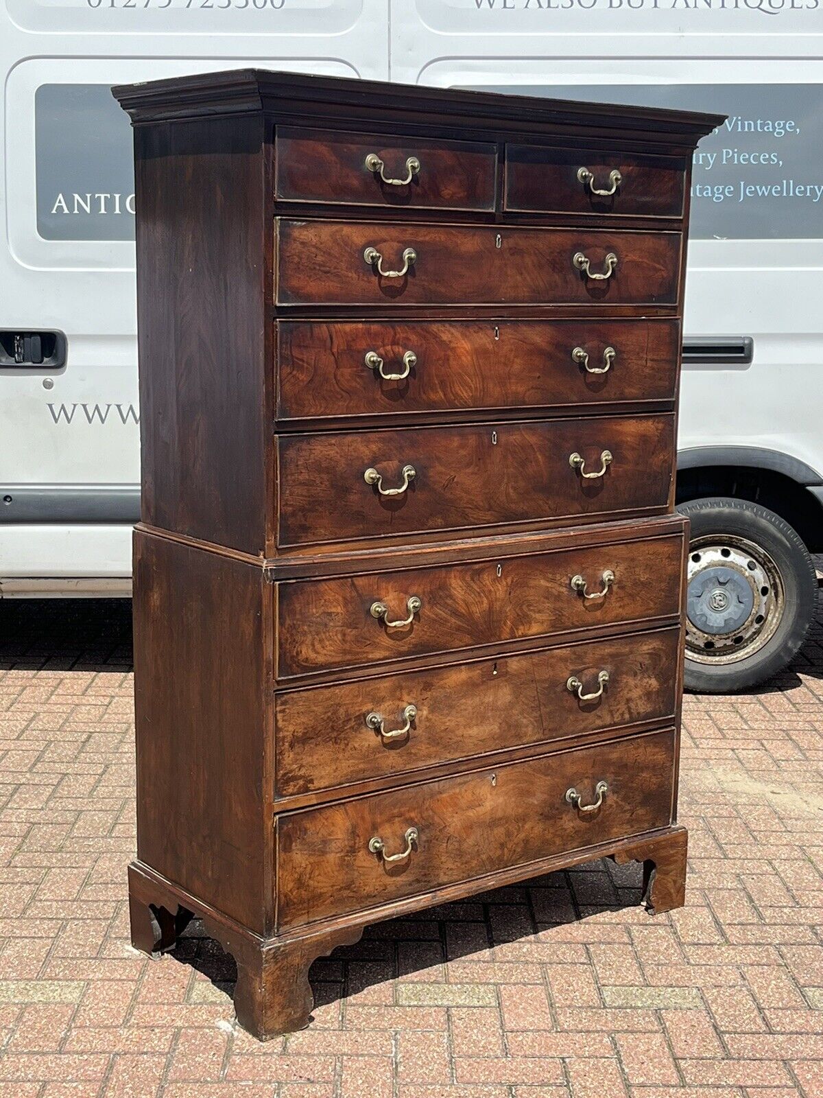 Georgian Mahogany Chest On Chest. Original Brass Handles, Bracket Feet.