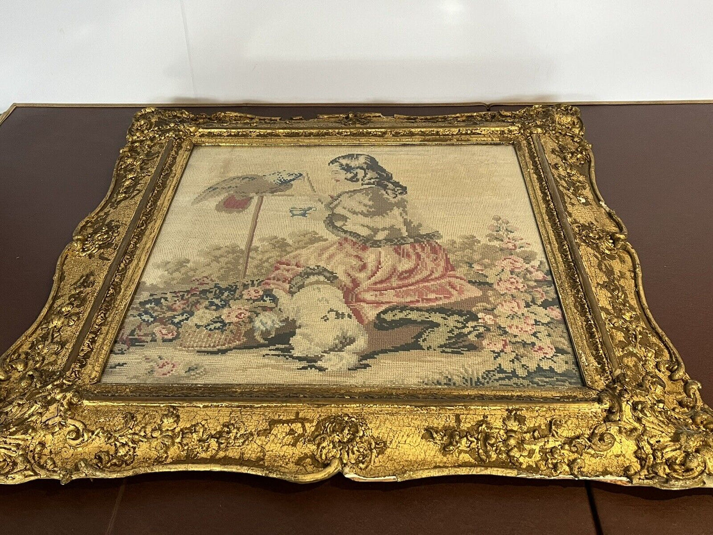 Georgian Embroidery/ Tapestry In Gold Gilt Frame.