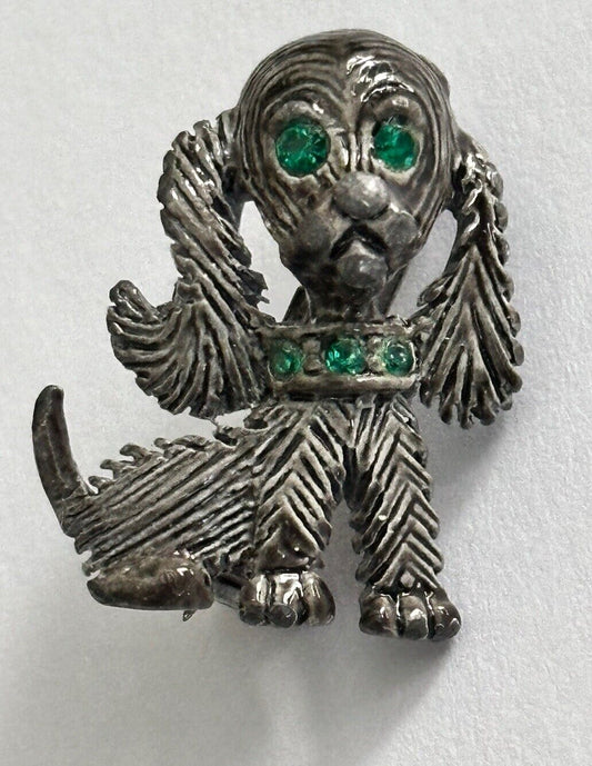 Vintage Silver Tone Green Diamanté Dog Brooch