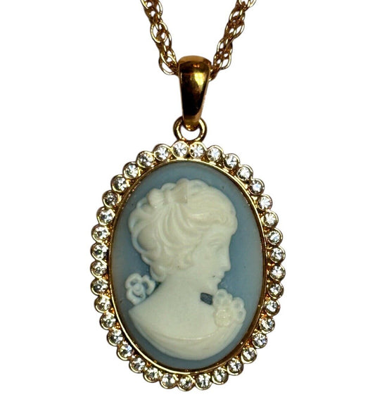 Vintage 1980s Gold Plated Blue Cameo Diamanté Necklace