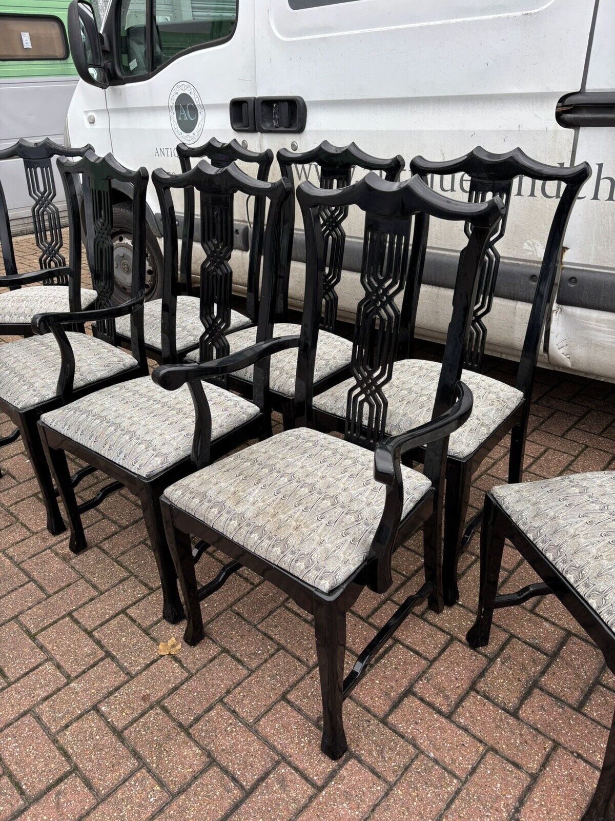 Set Of 8 Black Lacquered Chippendale Style Dining Chairs