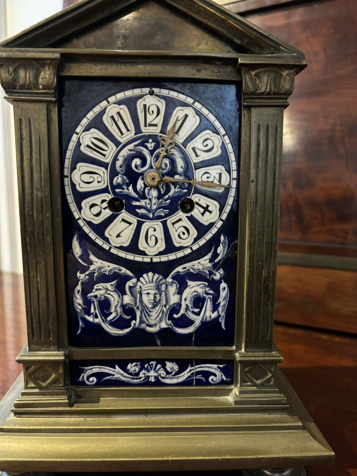 French Architectural Antique Brass Clock With Painted Panels, Chines On A Bell