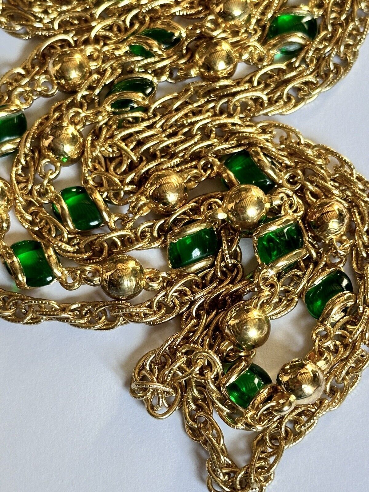 Vintage Gold Plated Triple Strand Green Glass Substantial Necklace