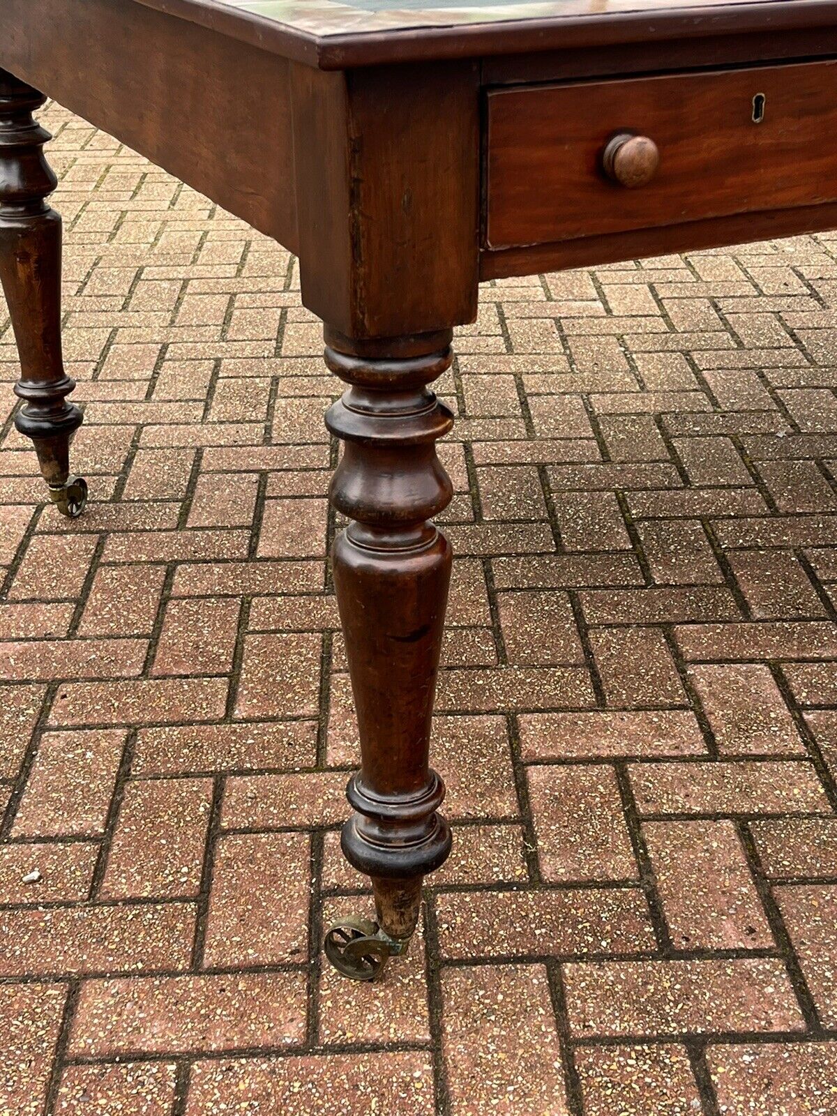 Victorian Mahogany Library Partners Desk. Original Brass Privacy Rail, 4 Drawers