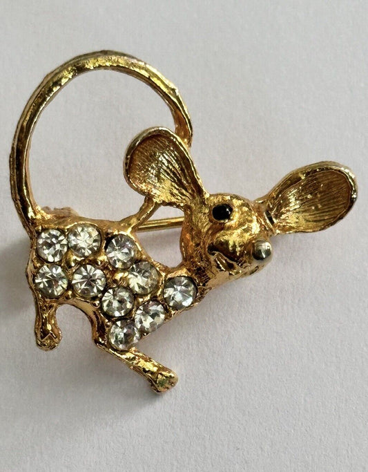 Vintage Gold Tone Diamanté Mouse Brooch