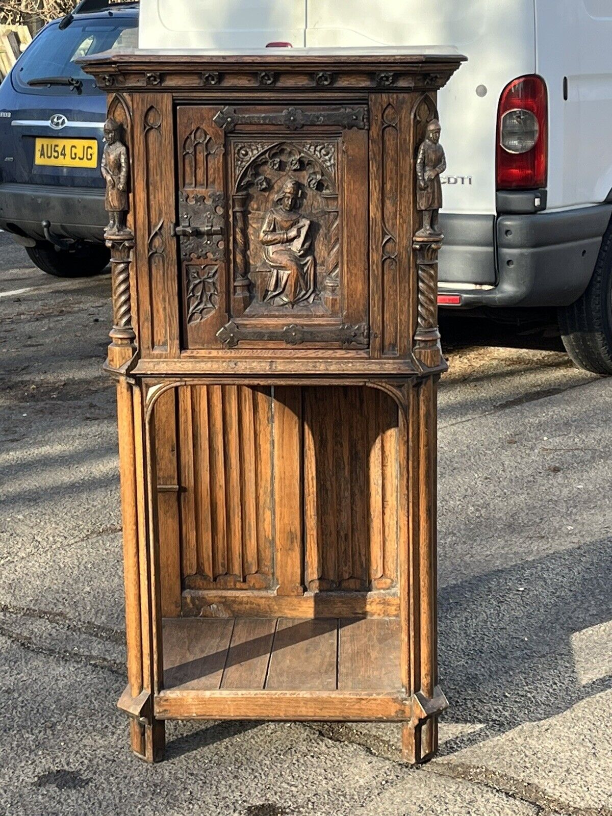 Drinks Cabinet, In Oak With Fine Carved Figures Of Knights & A Maiden.