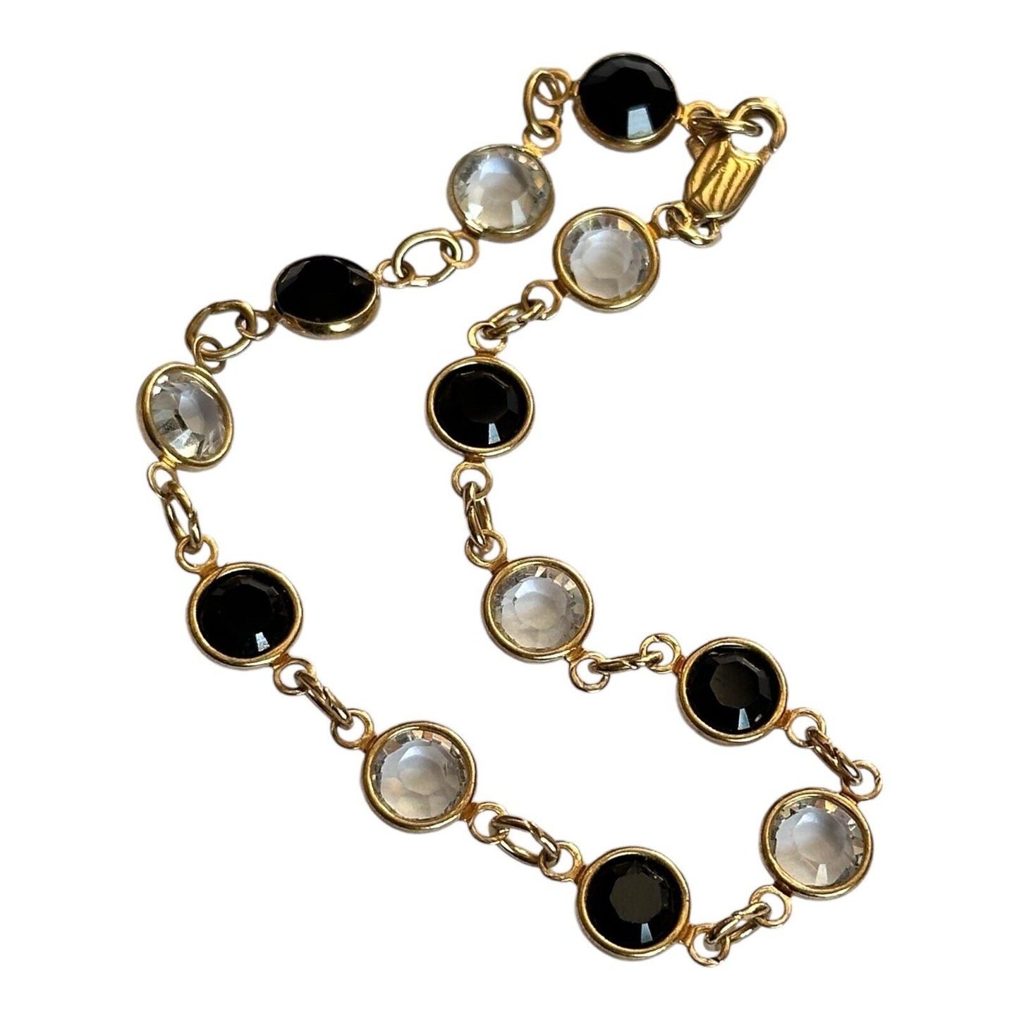 Vintage Gold Tone Bezel Set Black Clear Crystal Bracelet