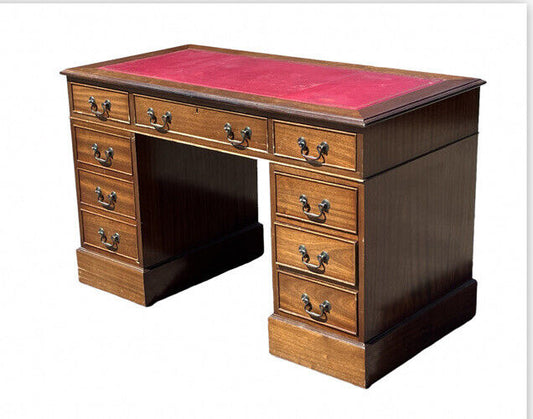 Pedestal Desk With Red Leather Top. Splits In 3 Pieces For Easier Transportation