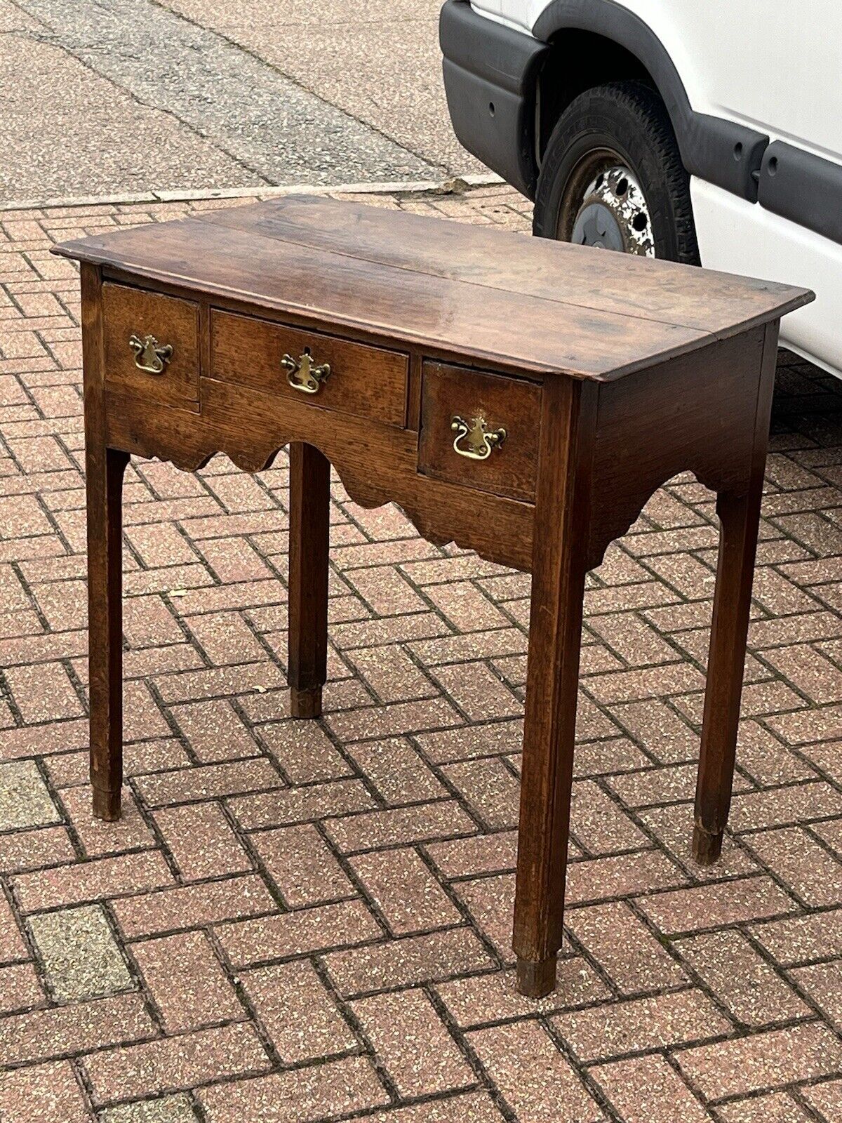 Early Georgian Oak Lowboy With Brass Handles. Make Great Hall Or Console Table