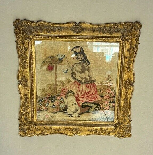 Georgian Embroidery/ Tapestry In Gold Gilt Frame.