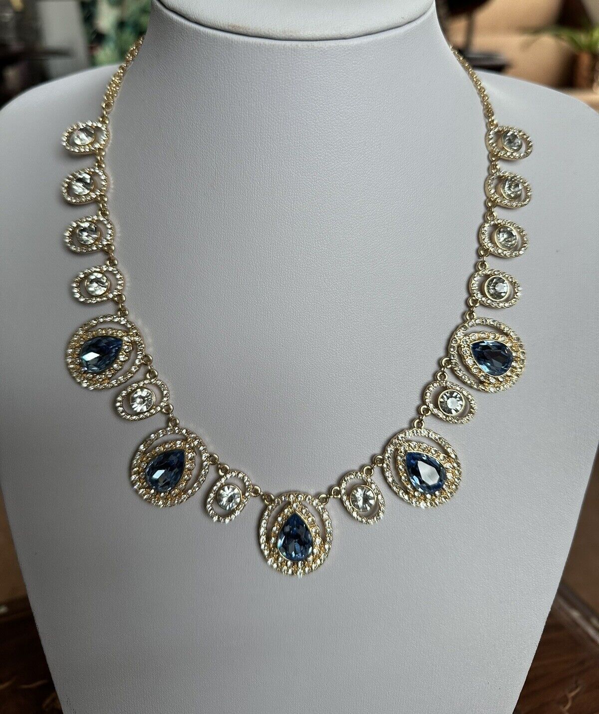 Vintage Gold Plated Blue Teardrop Crystal Statement Necklace