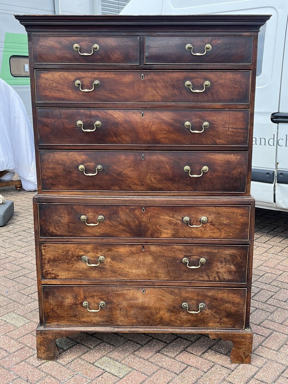 Georgian Mahogany Chest On Chest. Original Brass Handles, Bracket Feet.