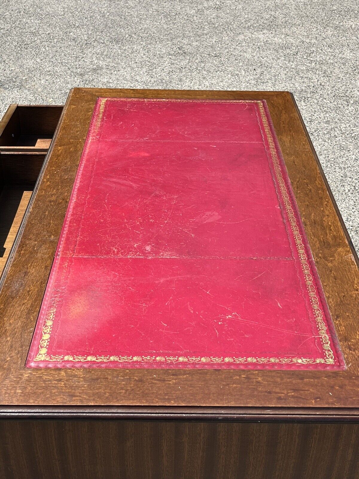 Pedestal Desk With Red Leather Top. Splits In 3 Pieces For Easier Transportation