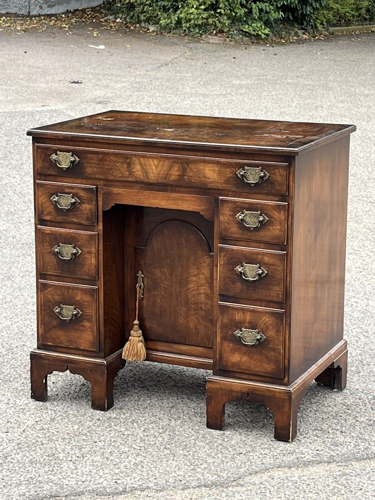 Walnut Kneehole Desk, Bracket Feet With Brass Handles.