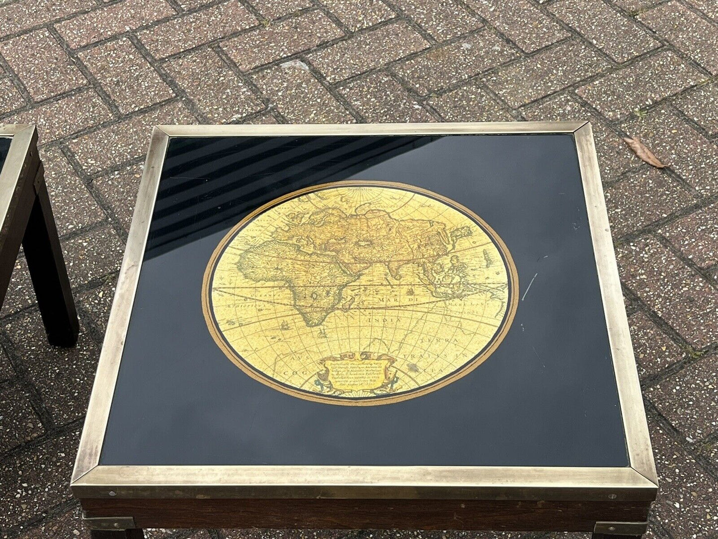 Pair Of Military Style Brass Bound Map Coffee Tables, Lamp Tables, Side Tables