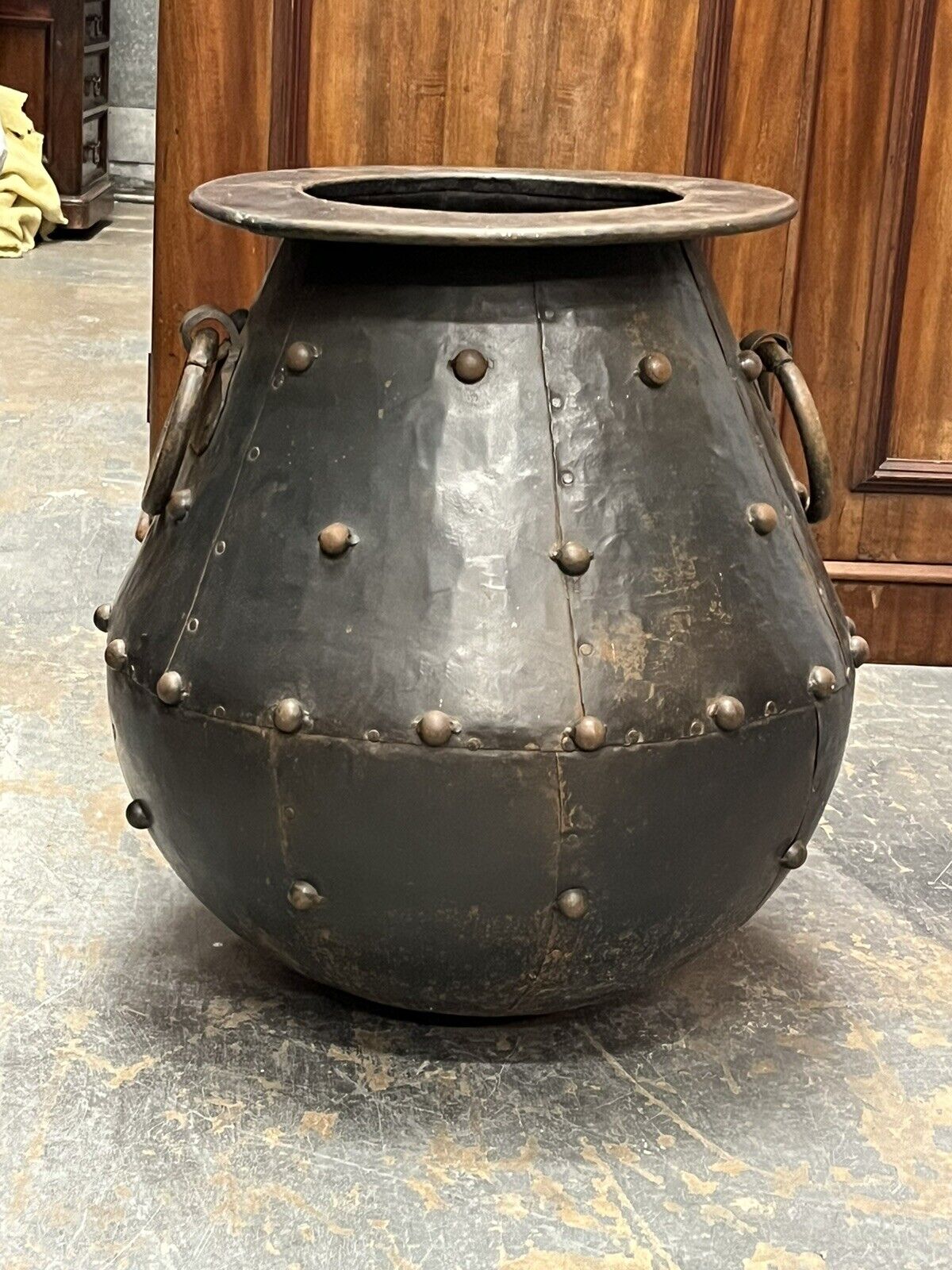 Huge Cauldron Shaped Metal Planter. Country House Style