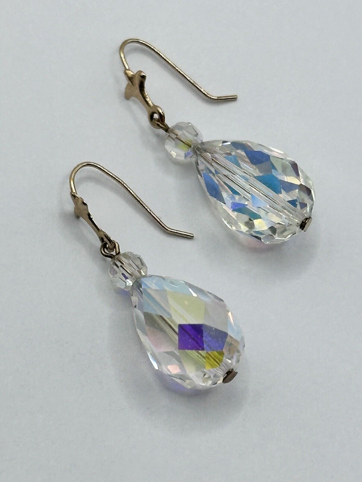 Vintage 9ct Gold Aurora Borealis Crystal Drop Earrings