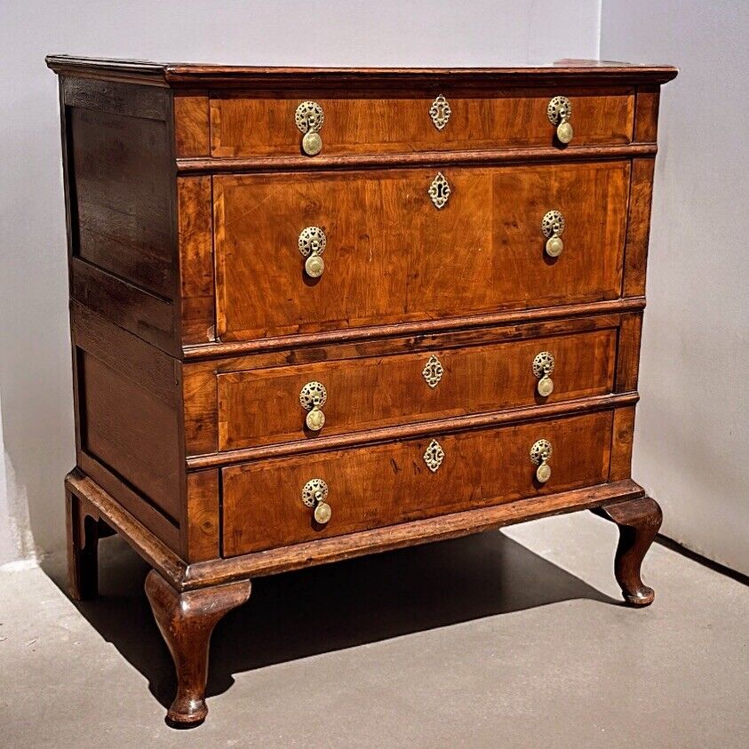 George II Provincial Walnut Chest Of Drawers. Brass Handles. Splits In 2 Pieces.