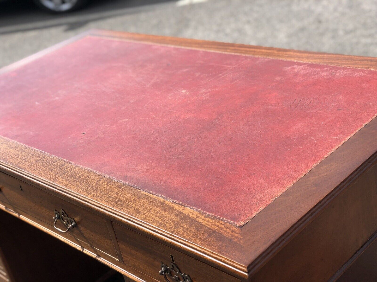 Pedestal Desk With Red Leather Top. Brass Handles.