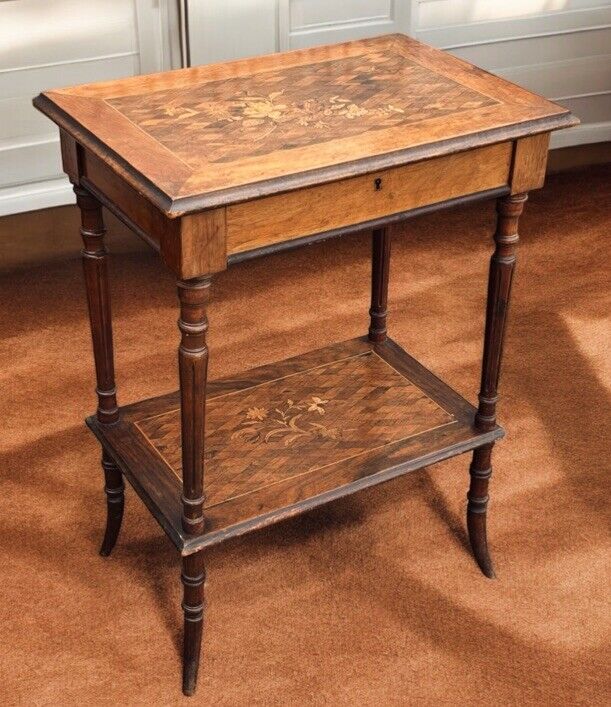 Antique Marquetry Dressing Cabinet With Silver Grooming Set, English Hallmarks