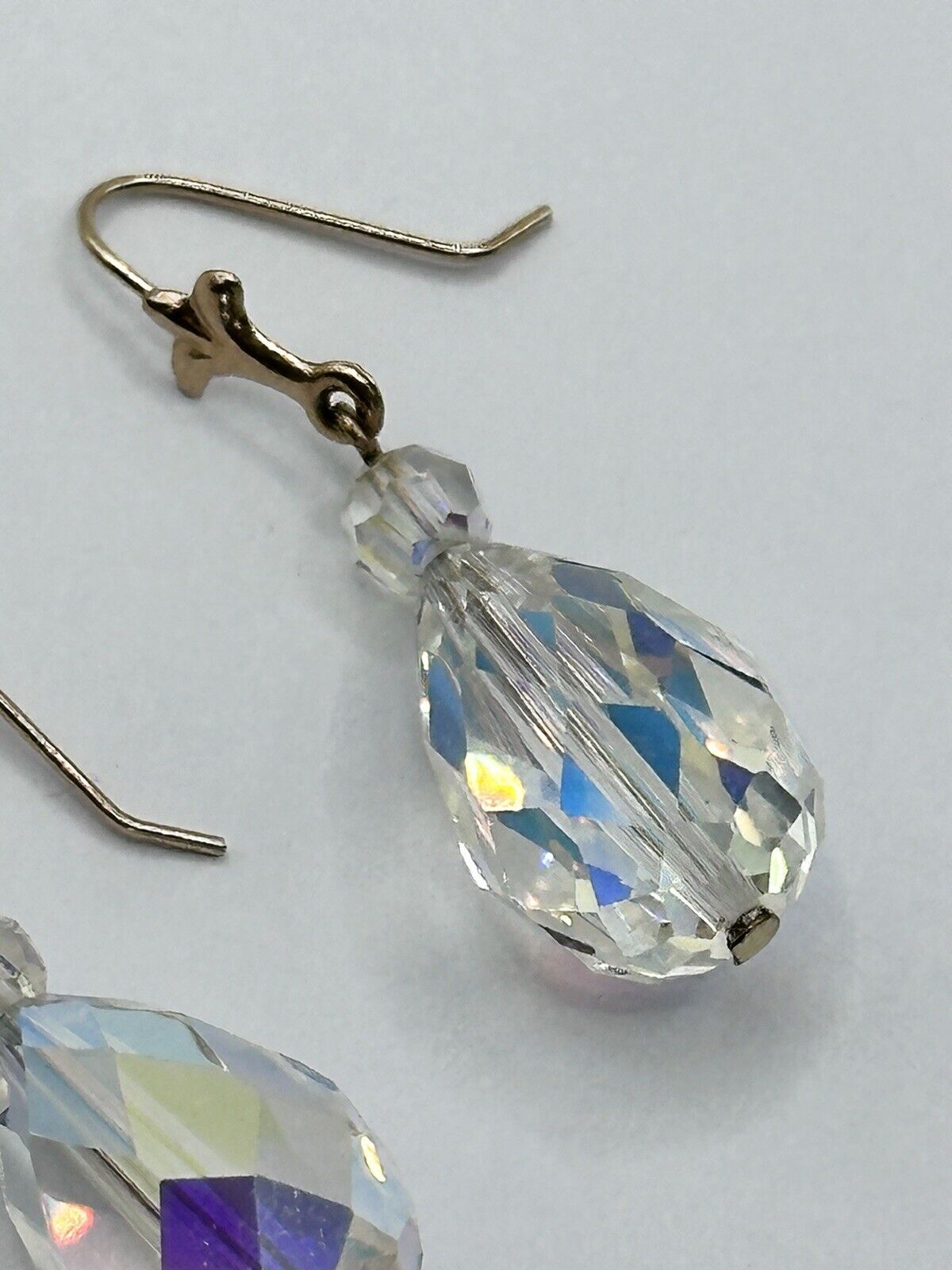 Vintage 9ct Gold Aurora Borealis Crystal Drop Earrings