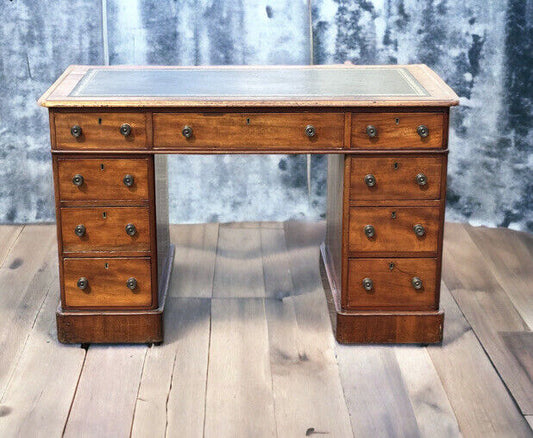 Victorian Mahogany Pedestal Desk With Green Top.