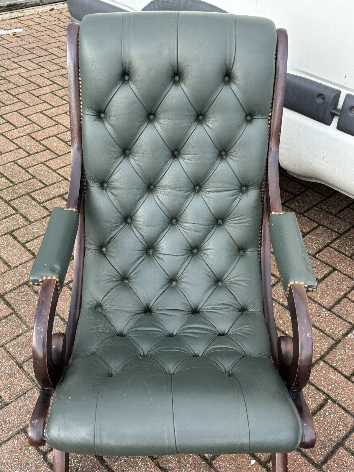 Pair Of Green Leather Buttoned Back Armchairs. Slipper Chairs/ Reading Chairs