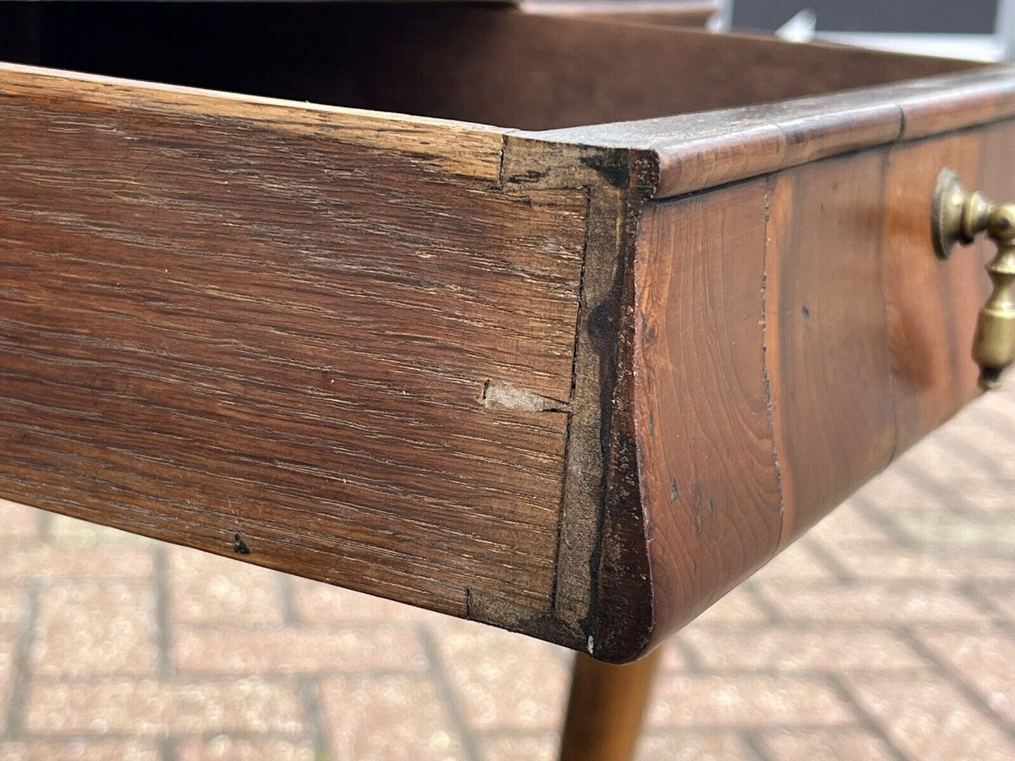 Antique Burr Walnut Tray Top Side Table With Drawer. Pad Feet, Brass Handle.