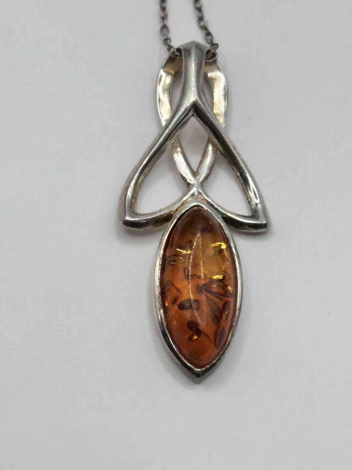 Vintage Sterling Silver 925 Amber Celtic Pendant Necklace