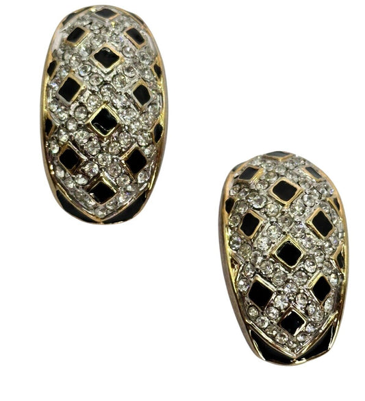 Vintage Gold Plated Black Enamel Diamanté Clip On Earrings