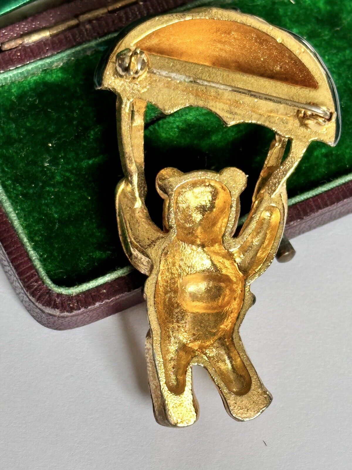 Vintage Gold Plated Green Enamel Teddy Bear Brooch