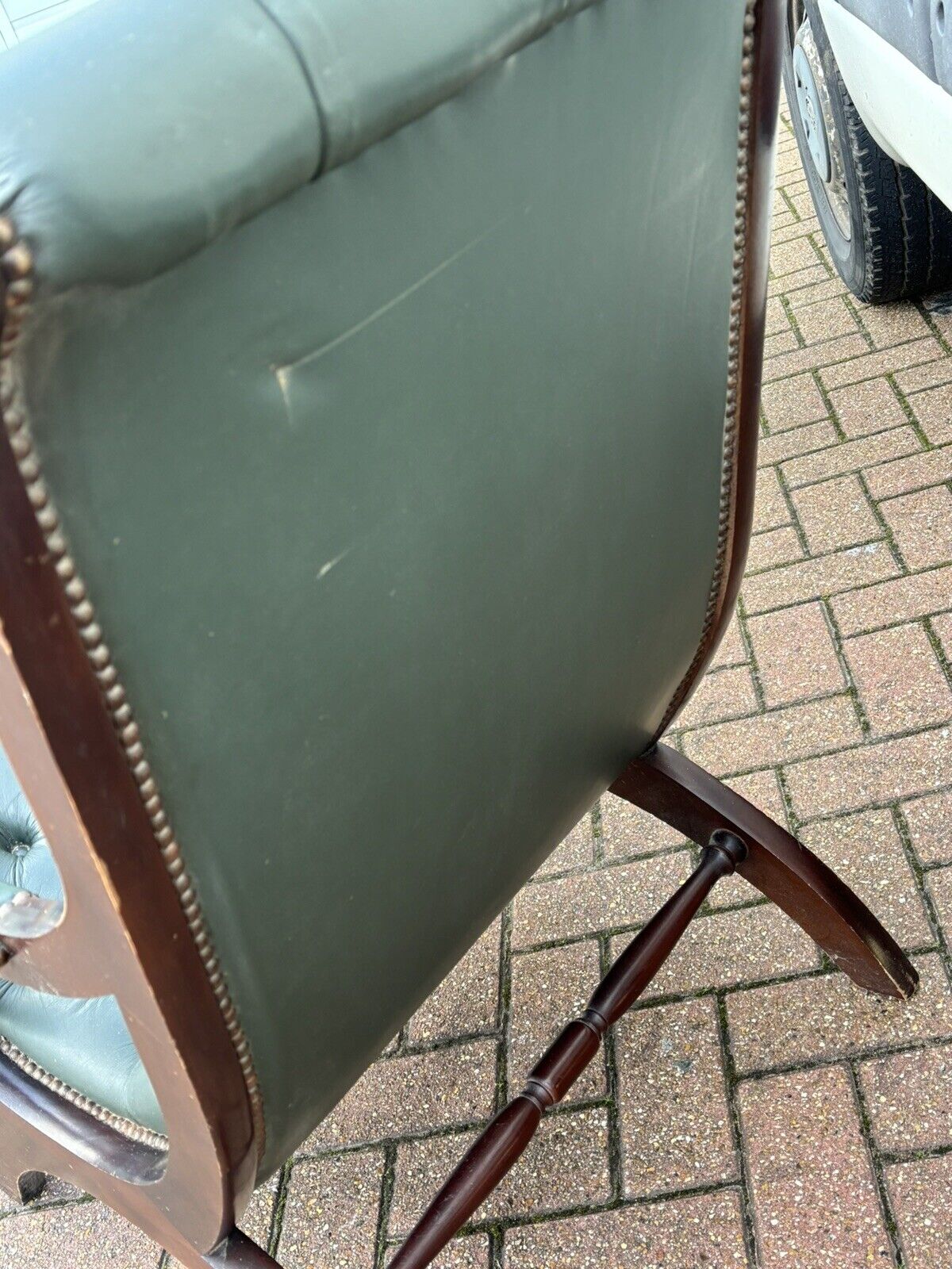 Pair Of Green Leather Buttoned Back Armchairs. Slipper Chairs/ Reading Chairs