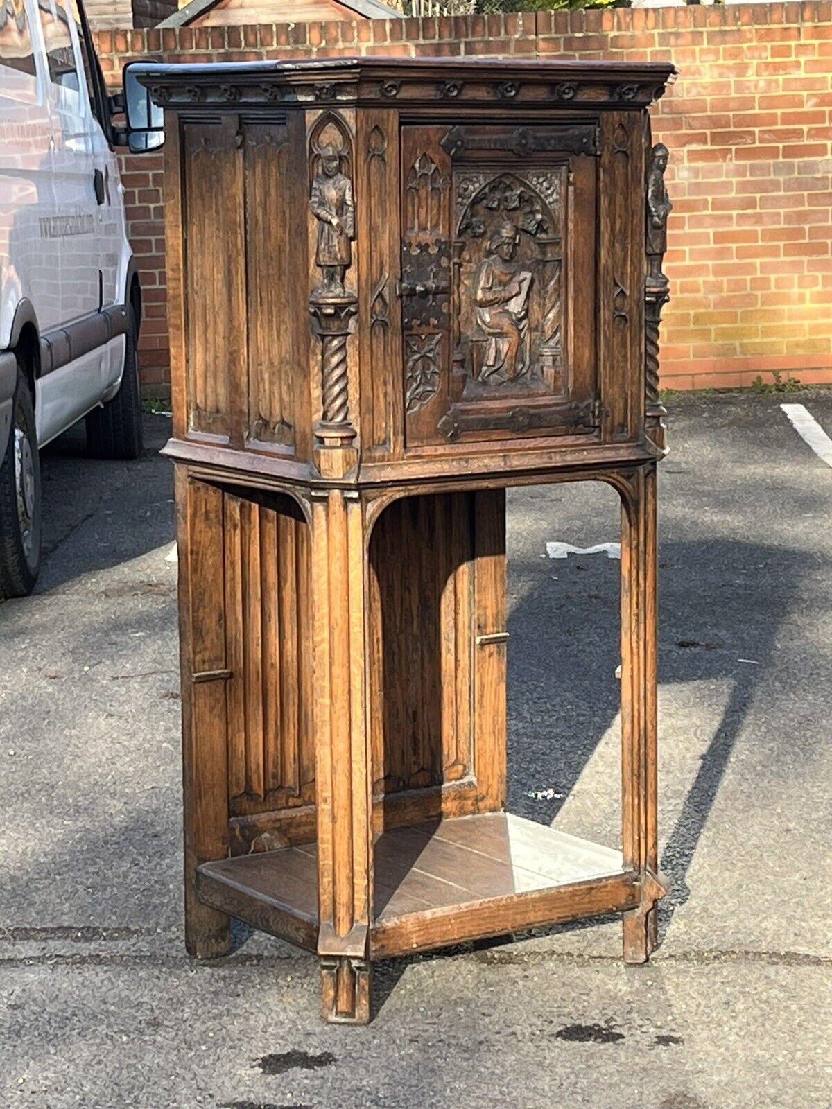 Drinks Cabinet, In Oak With Fine Carved Figures Of Knights & A Maiden.