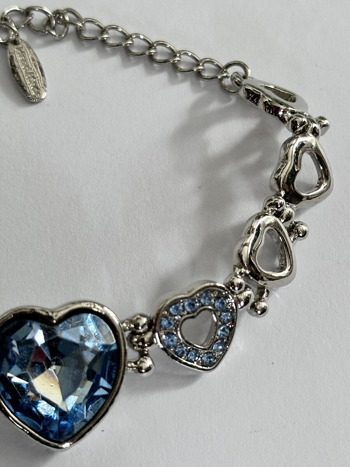 Vintage Silver Tone Blue Diamanté Heart Bracelet