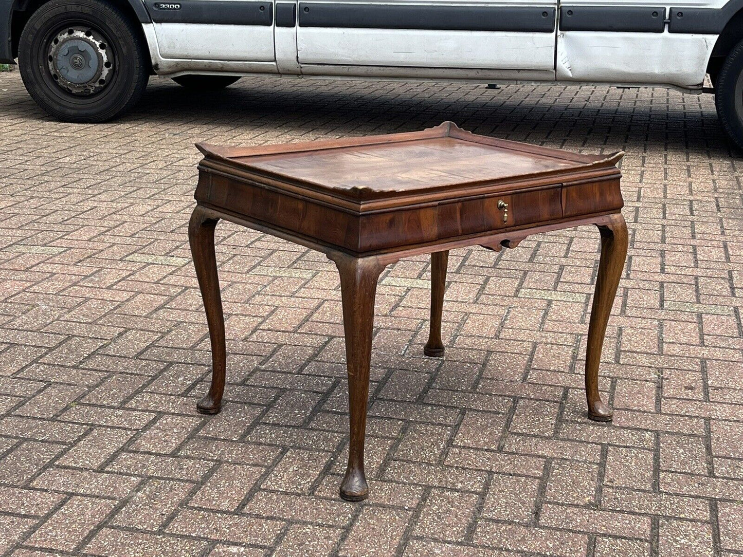 Antique Burr Walnut Tray Top Side Table With Drawer. Pad Feet, Brass Handle.