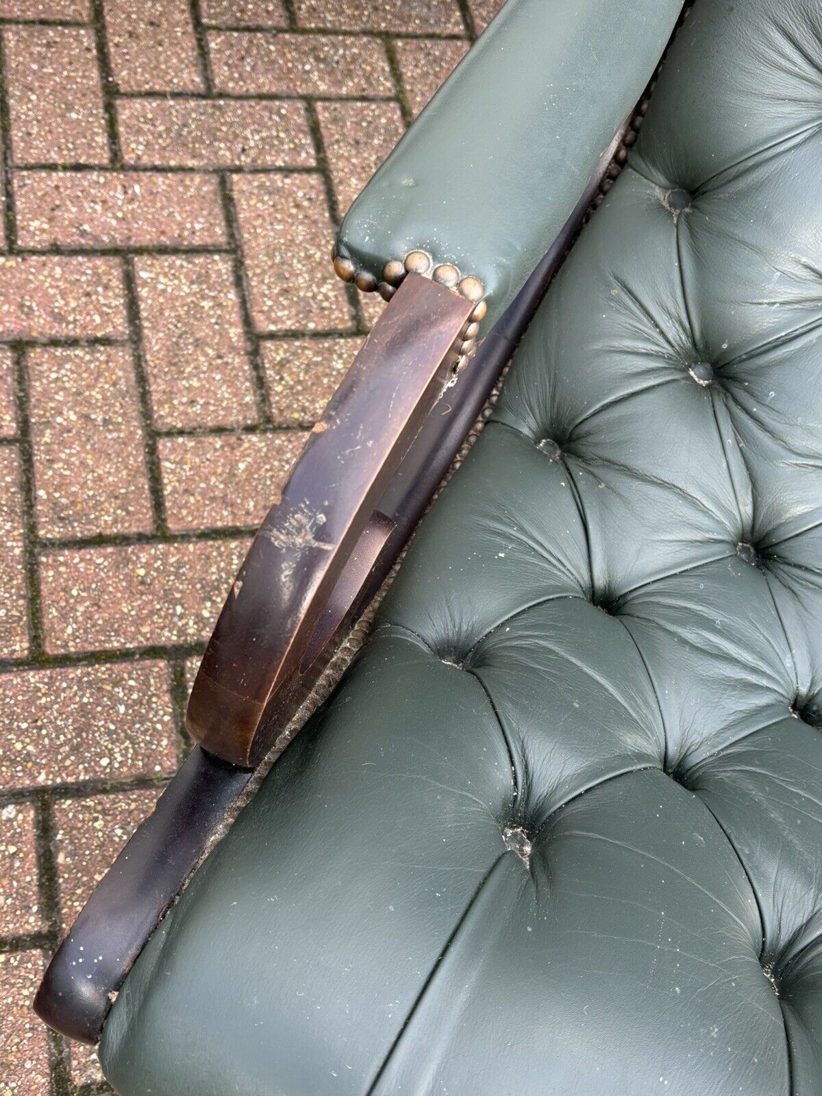 Pair Of Green Leather Buttoned Back Armchairs. Slipper Chairs/ Reading Chairs