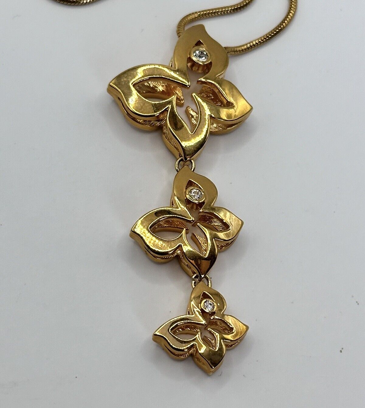 Vintage 1980s Gold Plated Butterflies Diamanté Drop Necklace