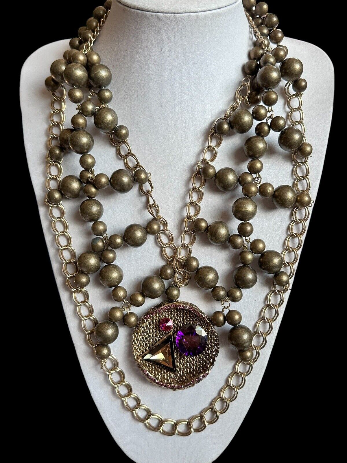 Vintage Runway Statement Beaded Diamanté Gold Purple Pink Necklace