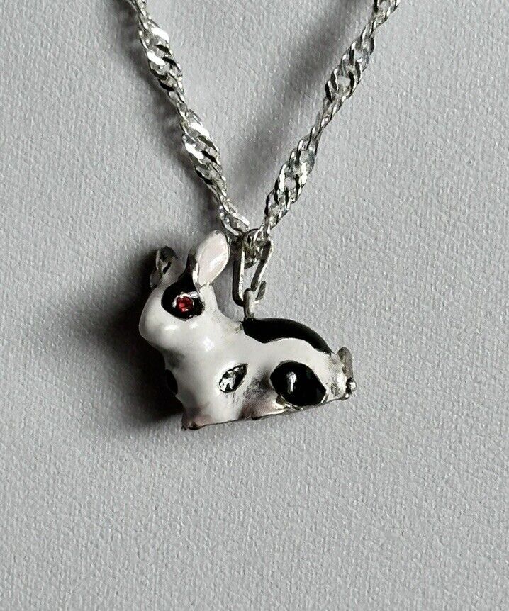 Viintage Rhodium Plated Enamel Rabbit Pendant Necklace