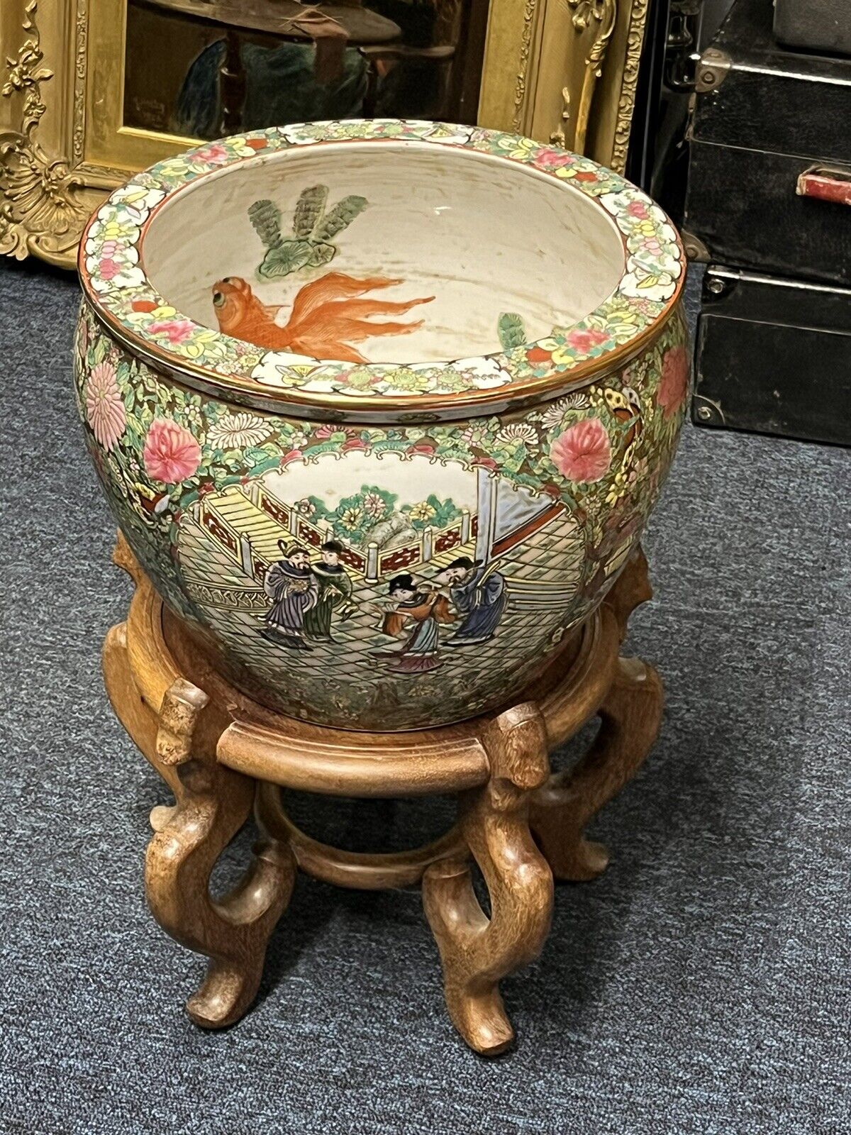 Chinese Canton Jardiniere On Wooden Stand