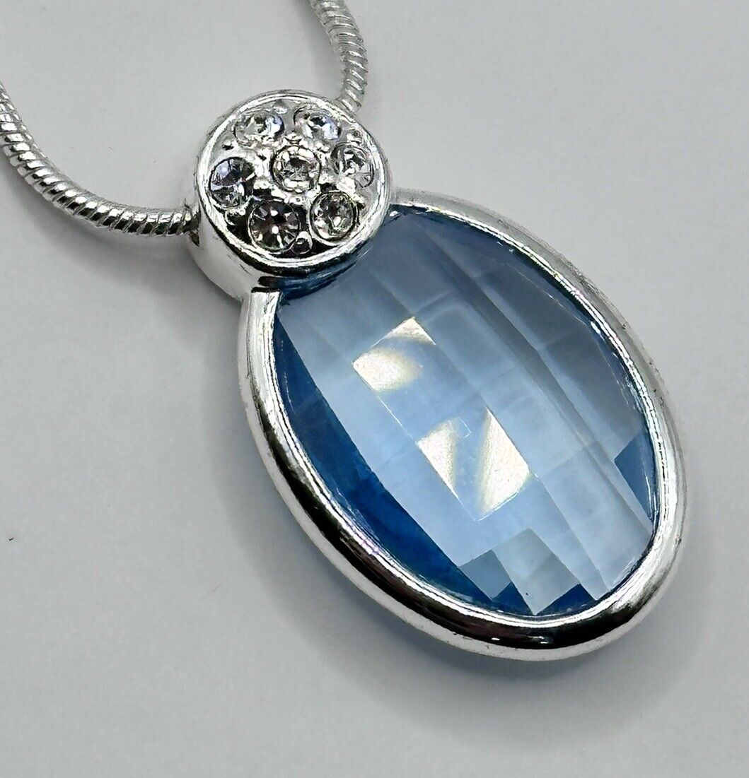 Rhodium Plated Necklace Made With Blue Swarovski Crystal New Old Stock