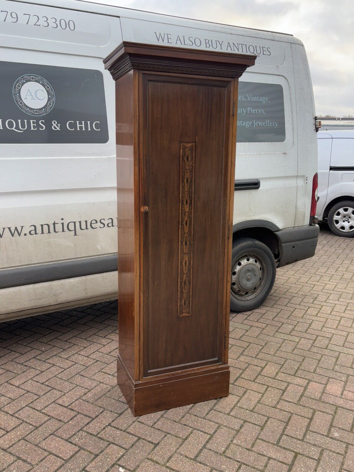 1920's Inlaid Mahogany Slim Storage Cupboards, Adjustable Shelves, Drawer, Key